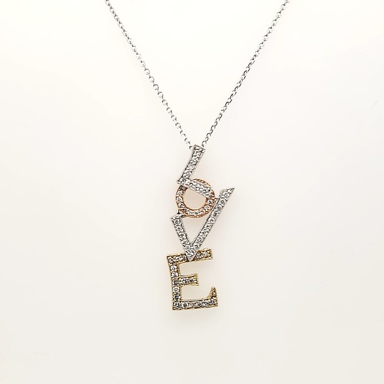 70660 18K TRICOLOR VERTICAL WORD LOVE PENDANT WITH 14K WHITE GOLD CHAIN NECKLACE