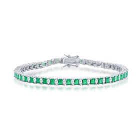 80358 CLASSIC STERLING SILVER RECTANGLE GREEN EMERALD CUBIC ZIRCONIA AND WHITE MARQUISE CUT TENNIS BRACELET