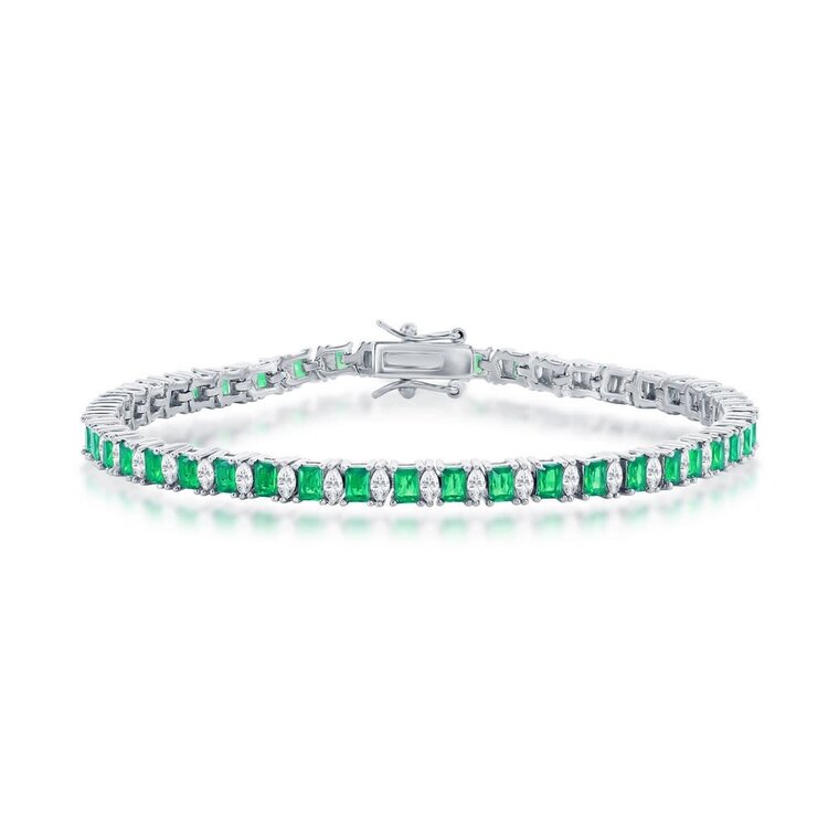 80358 CLASSIC STERLING SILVER RECTANGLE GREEN EMERALD CUBIC ZIRCONIA AND WHITE MARQUISE CUT TENNIS BRACELET