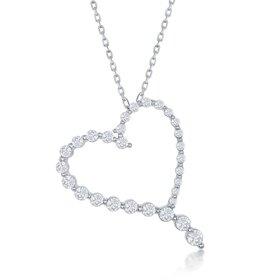 80365 CLASSIC STERLING SILVER ROUND GRADUATING CUBIC ZIRCONIA OPEN HEART  PENDANT NECKLACE