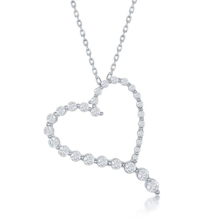 80365 CLASSIC STERLING SILVER ROUND GRADUATING CUBIC ZIRCONIA OPEN HEART  PENDANT NECKLACE