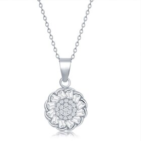 80373 CLASSIC STERLING SILVER CUBIC ZIRCONIA MICROPAVE CENTER WITH BAGUETTE BORDER FLOWER PENDANT NECKLACE
