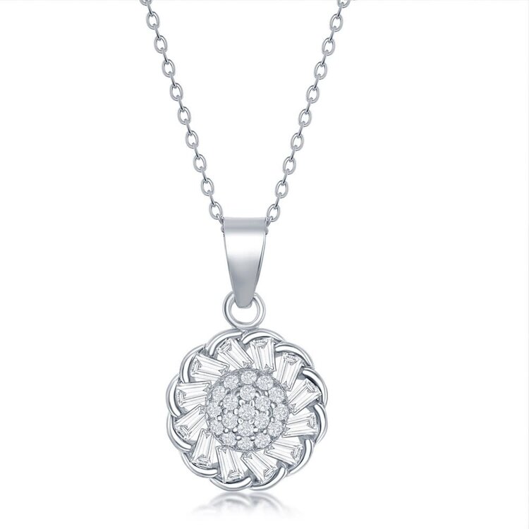 80373 CLASSIC STERLING SILVER CUBIC ZIRCONIA MICROPAVE CENTER WITH BAGUETTE BORDER FLOWER PENDANT NECKLACE