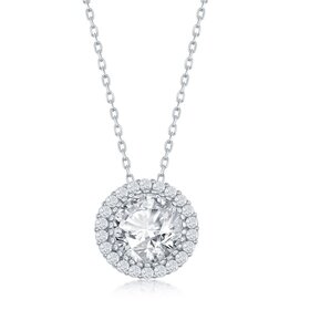 80376 CLASSIC STERLING SILVER 12MM ROUND CUBIC ZIRCONIA HALO SLIDE PENDANT NECKLACE