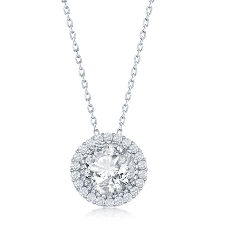 80376 CLASSIC STERLING SILVER 12MM ROUND CUBIC ZIRCONIA HALO SLIDE PENDANT NECKLACE