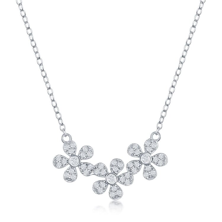 80378 CLASSIC STERLING SILVER CUBIC ZIRCONIA TRIPLE FLOWER NECKPIECE