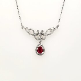 60011 10K WHITE GOLD PEAR SHAPE RUBY WITH  .60TCW DIAMOND VINTAGE STYLE FANCY NECKPIECE