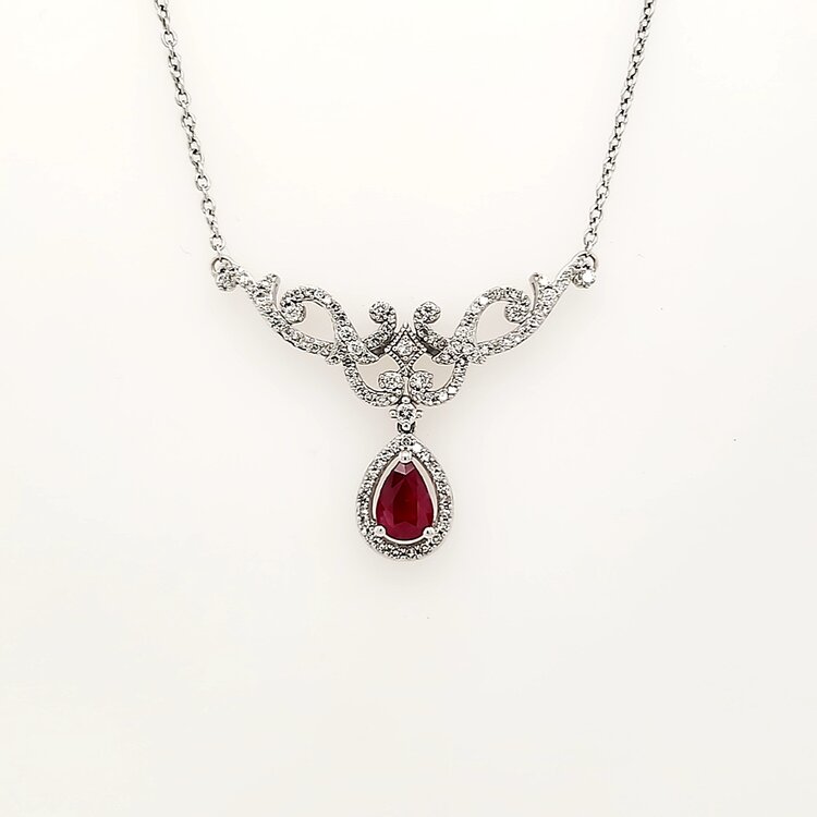 60011 10K WHITE GOLD PEAR SHAPE RUBY WITH  .60TCW DIAMOND VINTAGE STYLE FANCY NECKPIECE