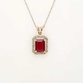70662 14K YELLOW GOLD .25CTW DIAMOND HALO EMERALD CUT RUBY  PENDANT NECKLACE