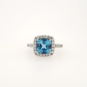 40355 14K WHITE GOLD .56CTW DIAMOND HALO  CUSHION CUT BLUE TOPAZ LADIES RING