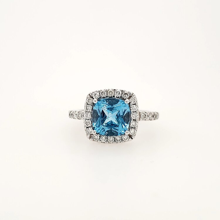 40355 14K WHITE GOLD .56CTW DIAMOND HALO  CUSHION CUT BLUE TOPAZ LADIES RING