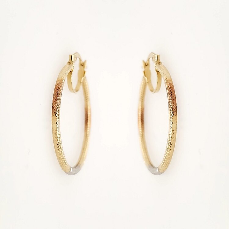 31287 14K TRI-COLOR 1.35" 2MM TEXTURE DIAMOND CUT HOOPS