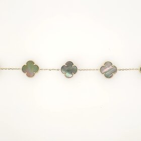 20408 14K YELLOW GOLD 13.50MM 5 BLACK MOTHER OF PEARL CLOVER BRACELET WITH EXTENSION