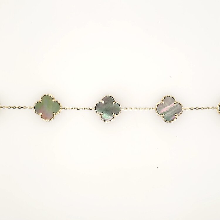 20408 14K YELLOW GOLD 13.50MM 5 BLACK MOTHER OF PEARL CLOVER BRACELET WITH EXTENSION