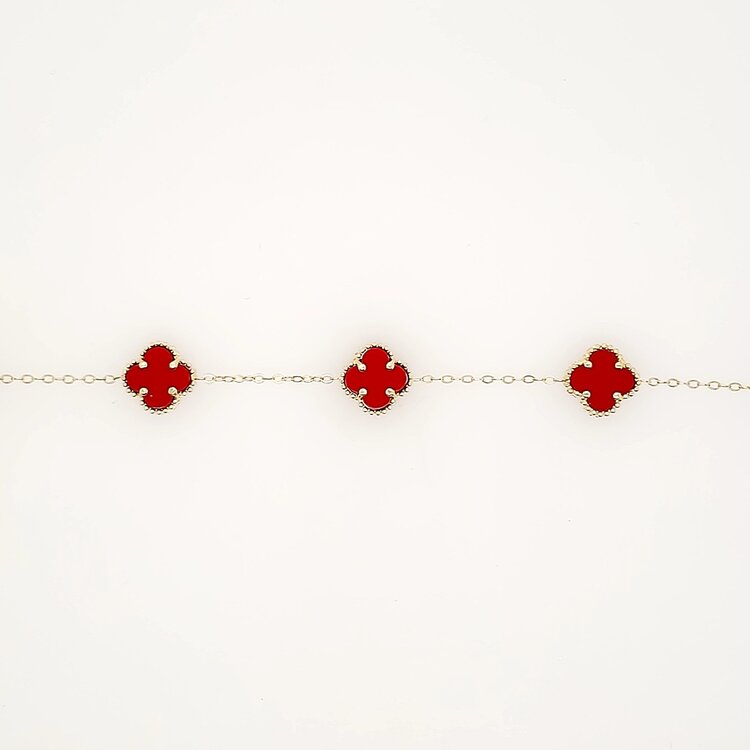 20407 14K YELLOW GOLD 11.10MM RED CERAMIC 5 CLOVER BRACELET WITH EXTENSION