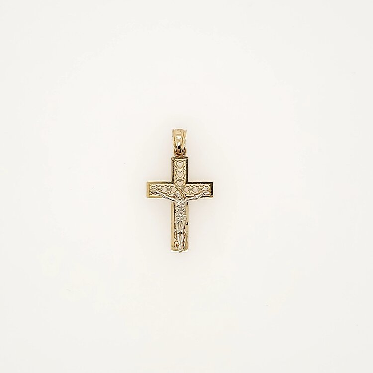 77309 14K TWO TONE 1" PETITE BEADED HEARTS LASER CUT HIGH POLISH CRUCIFIX