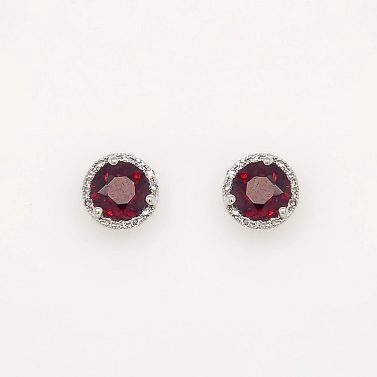 31292 14K WHITE GOLD .10CTW DIAMOND  HALO ROUND GARNET STUDS
