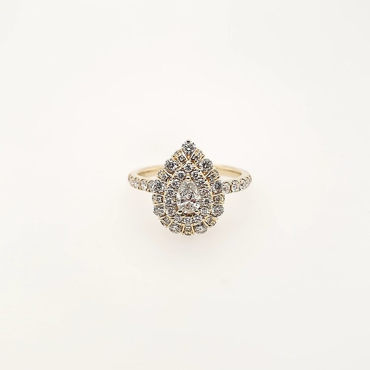 40358 14K YELLOW GOLD 1CTW DIAMOND PEAR SHAPE DOUBLE HALO BEAUTIFUL COCKTAIL RING