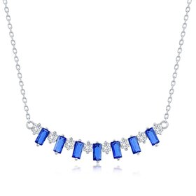 80396 CLASSIC STERLING SILVER BLUE CUBIC ZIRCONIA BAGUETTE AND ROUND BAR NECKLACE