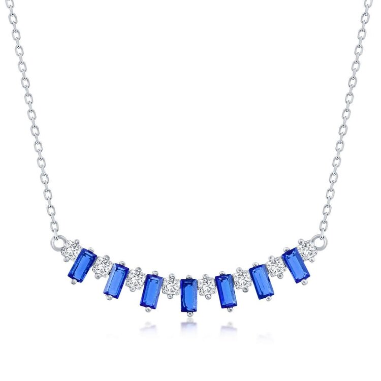 80396 CLASSIC STERLING SILVER BLUE CUBIC ZIRCONIA BAGUETTE AND ROUND BAR NECKLACE