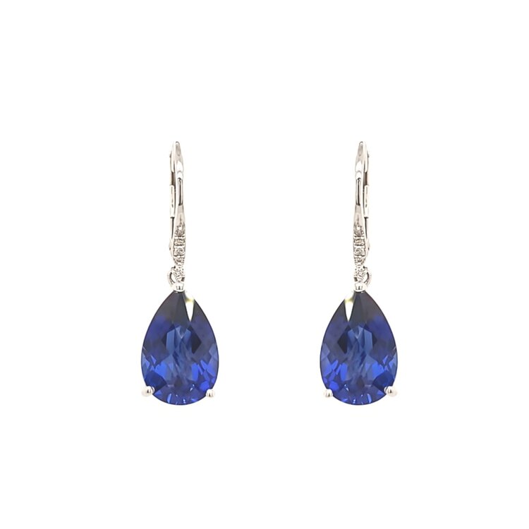31301 14K WHITE GOLD .04CTW DIAMOND PEAR SHAPE BLUE SYNTHETIC SAPPHIRE LEVER BACK DROP EARRINGS