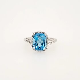 40361 14K WHITE GOLD .08CTW DIAMOND HALO  BLUE TOPAZ SPLITED SHANK LADIES RING