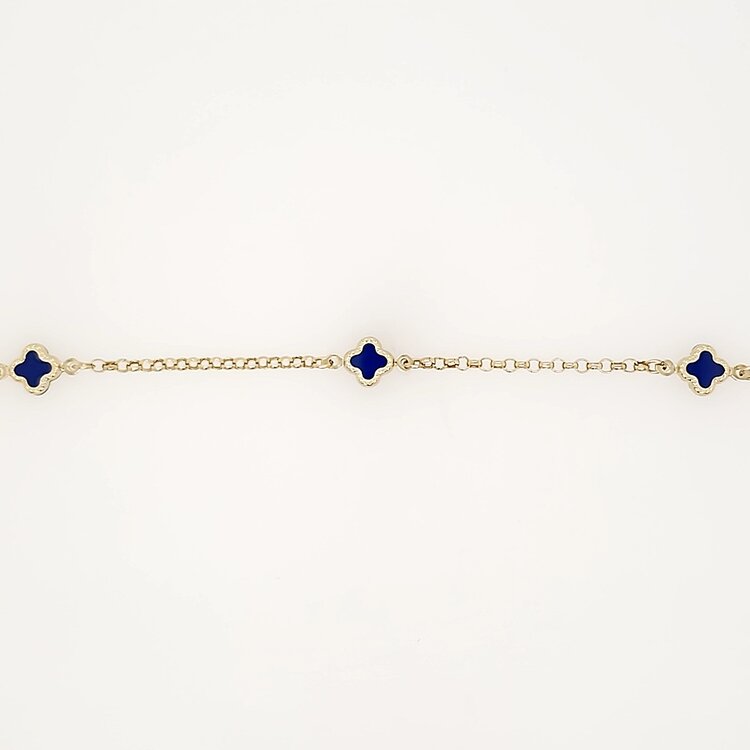 20412 14K YELLOW GOLD 3 PETITE BLUE CERAMIC CLOVERS ROLO LINK BRACELET