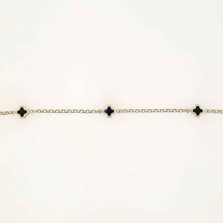 20417 14K YELLOW GOLD 3 PETITE BLACK ONYX CLOVERS ROLO LINK BRACELET