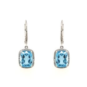 31300 14K WHITE GOLD .19CTW DIAMOND HALO BLUE TOPAZ LEVER BACK HANGING EARRINGS