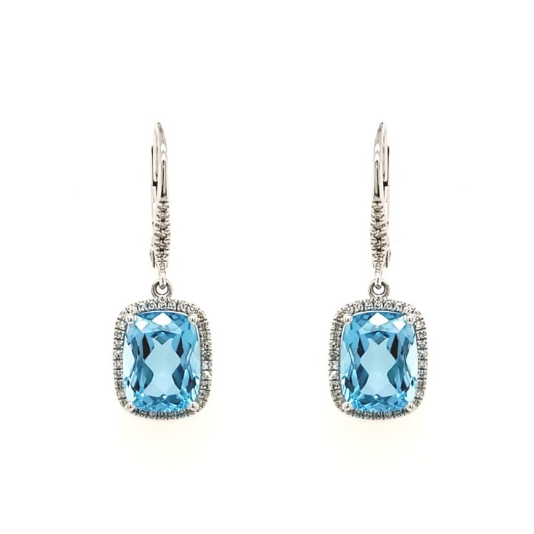 31300 14K WHITE GOLD .19CTW DIAMOND HALO BLUE TOPAZ LEVER BACK HANGING EARRINGS