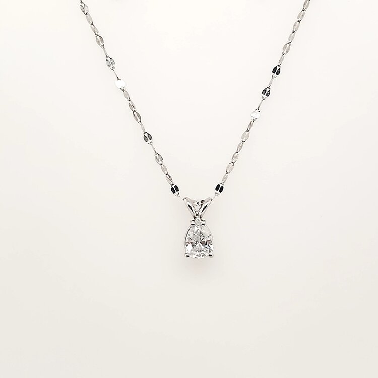 70675 14K WHITE GOLD .58CTW PEAR SHAPE DIAMOND SOLITAIRE BUNNY BAIL  PENDANT NECKLACE