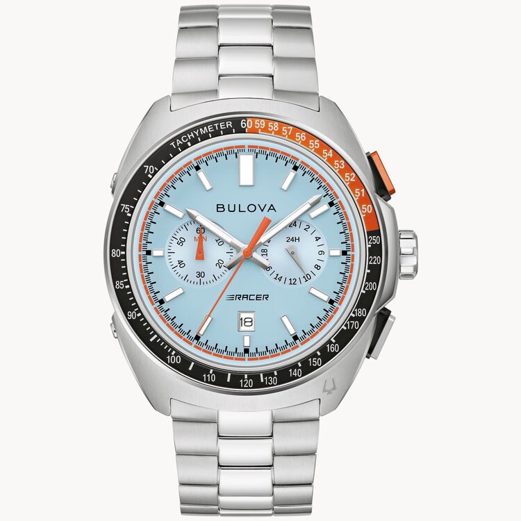 bulova 042429600164 BULOVA RACER CHRONOGRAPH BLACK AND ORANGE BEZEL LIGHT BLUE DIAL  MEN'S WATCH