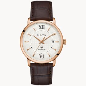 bulova 042429599741 BULOVA HUDSON AUTOMATIC ROSE GOLD TONE STAINLESS STEEL CASE SAPPHIRE CRYSTAL BROWN LEATHER BAND ELEGANT MEN'S WATCH