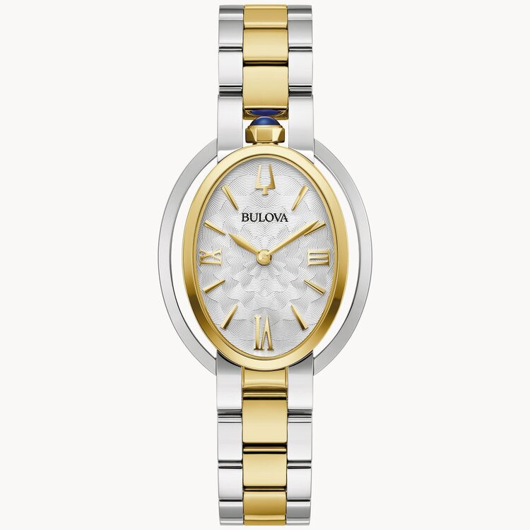 bulova 042429599734 BULOVA RUBAIYAT OVAL GOLD AND SILVER TONE STAINLESS STEEL CASE SAPPHIRE CRYSTAL BLUE SYNTHETIC SPINEL CABOCHON CROWN  LADIES WATCH