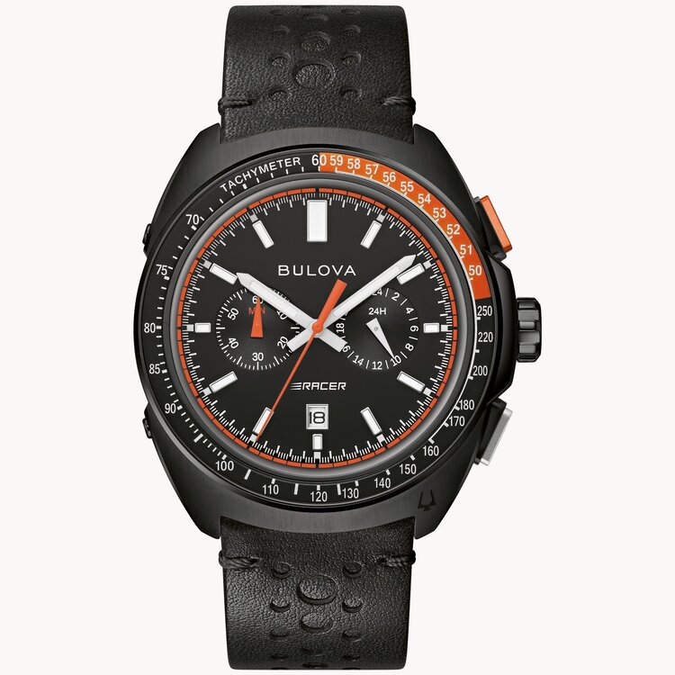 bulova 042429599857 BULOVA RACER CHRONOGRAPH BLACK IP STAINLESS STEEL TWO TONE ORANGE AND BLACK BEZEL PERFORATED BLACK LEATHER BAND MEN'S WATCH