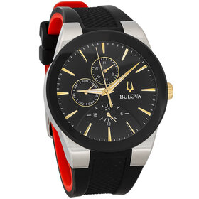 bulova 042429592230 BULOVA MODERN MILLENIA STAINLESS STEEL CASE BLACK BEZEL GOLD TONE MARKERS BLACK DIAL RED AND BLACK RUBBER BAND MEN'S WATCH