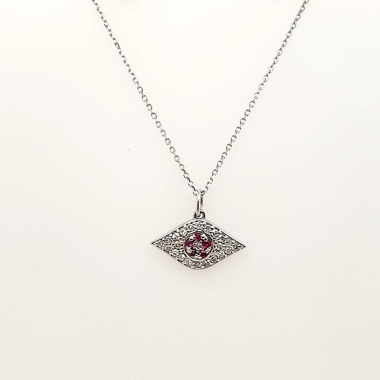 70678 14K WHITE GOLD .20CTW DIAMOND RUBY EVIL EYE PENDANT NECKLACE