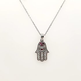 70679 14K WHITE GOLD .17CTW DIAMOND RUBY HAMSA PENDANT NECKLACE