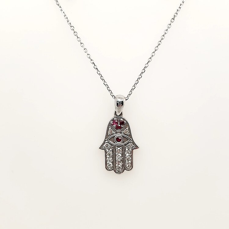 70679 14K WHITE GOLD .17CTW DIAMOND RUBY HAMSA PENDANT NECKLACE