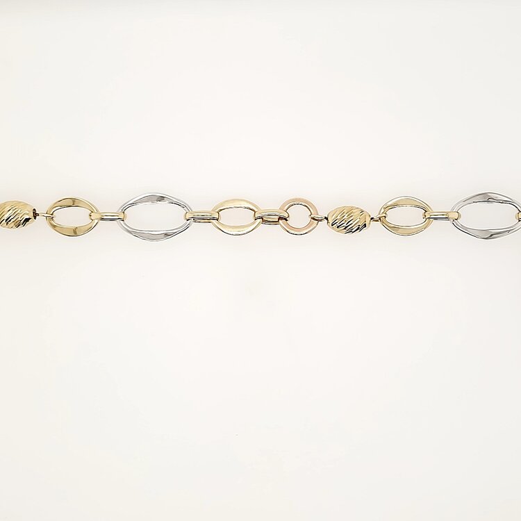 20423 14K TRI COLOR  HIGH POLISH OVAL LINKS DIAMOND CUT BEAD LADIES BRACELET