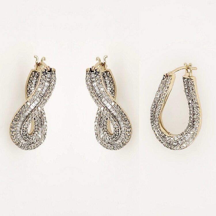 31311 10K TWO TONE 2CTW BAGUETTE AND ROUND DIAMONDS TWIST OVAL HOOPS