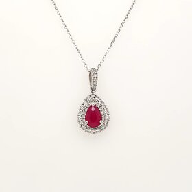 70602 14K WHITE GOLD .30TCW DIAMOND DOUBLE HALOWITH PEAR SHAPE  RUBY PENDANT