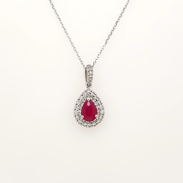 70602 14K WHITE GOLD .30TCW DIAMOND DOUBLE HALOWITH PEAR SHAPE  RUBY PENDANT