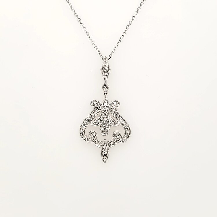 70682 14K WHITE GOLD .25CTW DIAMOND VINTAGE STYLE PENDANT NECKLACE