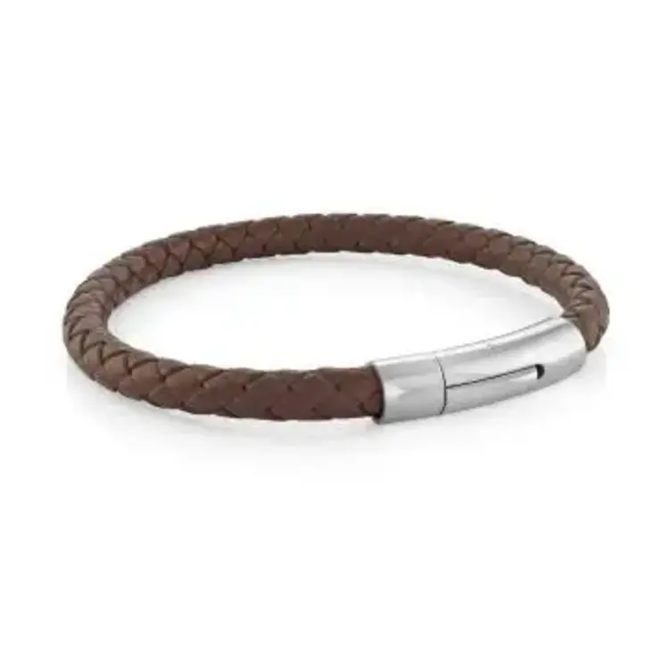 BR4035-BROWN ITALGEM STAINLESS STEEL PUSH CLASP 8.2" BROWN LEATHER MEN'S BRACELET