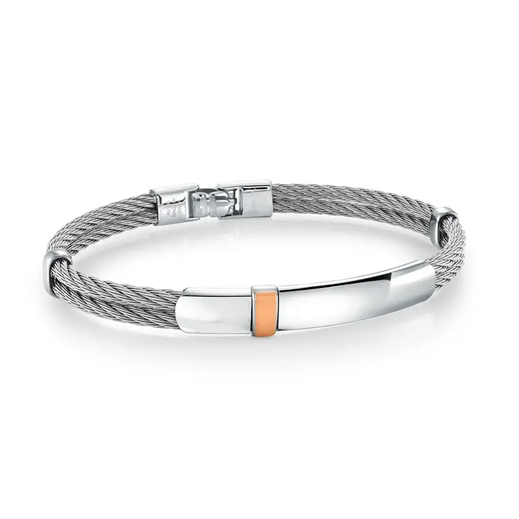 SMBG191 ITALGEM STAINLESS STEEL TWO ROW CABLE 18K ROSE GOLD IP MEN'S BANGLE BRACELET