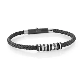 SLB635 ITALGEM STAINLESS STEEL BLACK CUBIC ZIRCONIA BLACK LEATHER 3 WAY CLASP ADJUSTABLE MEN'S  BRACELET