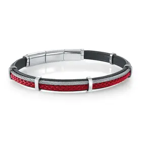 SMBG184 ITALGEM STAINLESS STEEL RED CORD BLACK LEATHER SILVER ROPE 7.5" MEN'S BRACELET