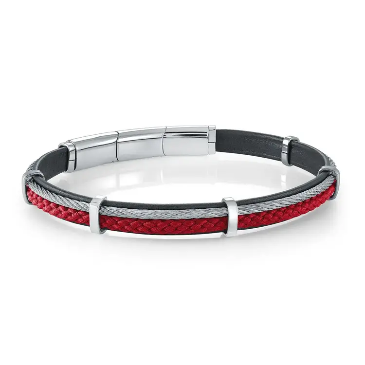SMBG184 ITALGEM STAINLESS STEEL RED CORD BLACK LEATHER SILVER ROPE 7.5" MEN'S BRACELET