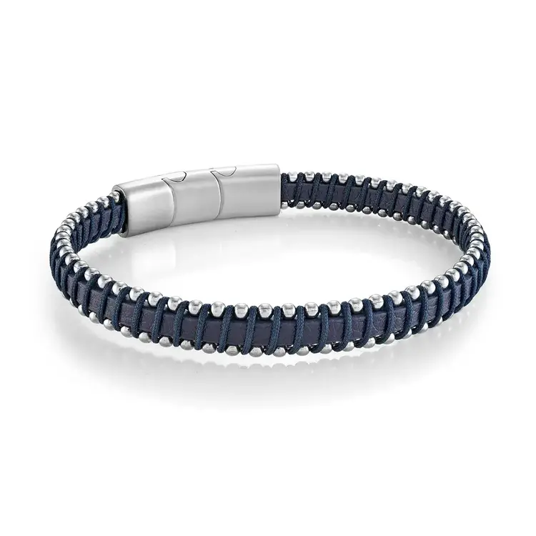 SLB622 ITALGEM STAINLESS STEEL BLUE CORD WRAPED IN BLUE LEATHER 8" MEN'S BRACELET